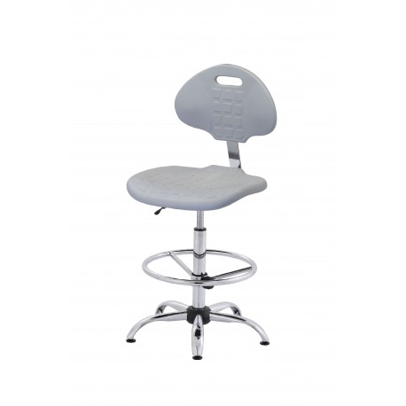 Wysokie obrotowe krzesło laboratoryjne z poliuretanu w kolorze popielatym, podnóżek regulowany, wersja chromowana - KPU01w-C3p